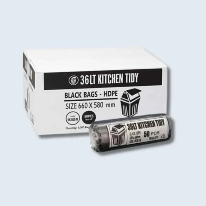 Black Kitchen Tidy Bin Liners, 36 L High‑Strength Roll - CTN1000