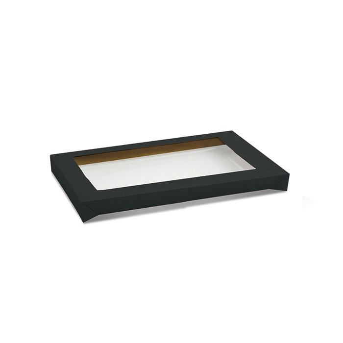Rectangle Black Catering Tray Lid Medium w PET Window 100pc/ctn